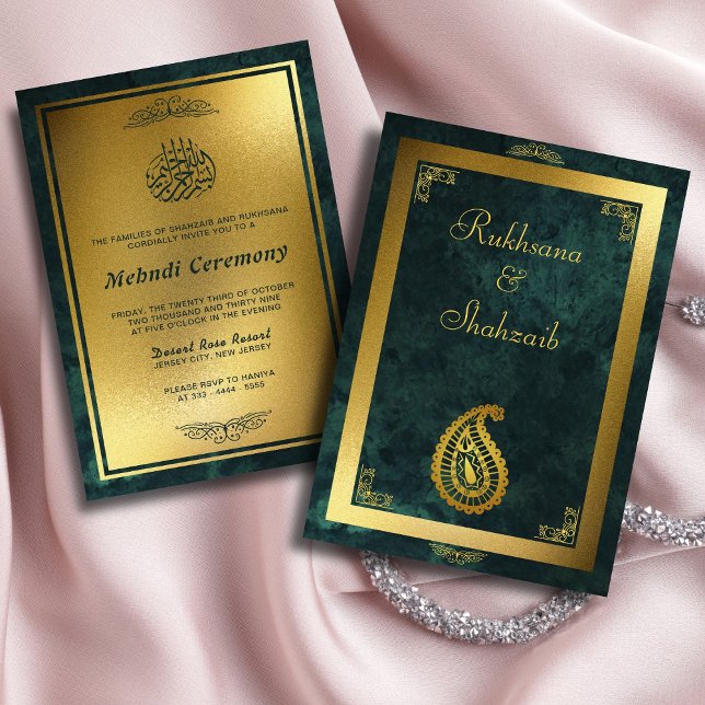 Ornate Guld Ram & Emerald Grönt Islamic Mehndi Inbjudningar (Skapare uppladdad)