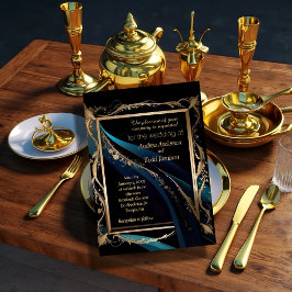 Ornate guld ram teal blue svart bröllop inbjudningar