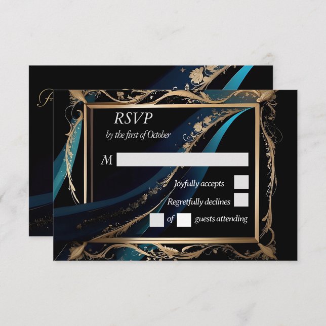 Ornate guld ram teal blue svart bröllop OSA kort (Skapare uppladdad)