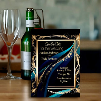 Ornate guld ram teal blue svart bröllop spara datumet