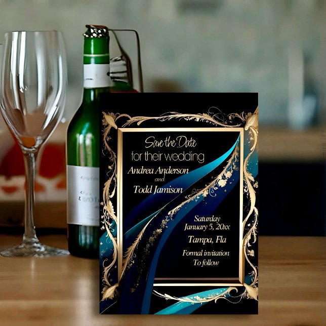 Ornate guld ram teal blue svart bröllop spara datumet (Skapare uppladdad)