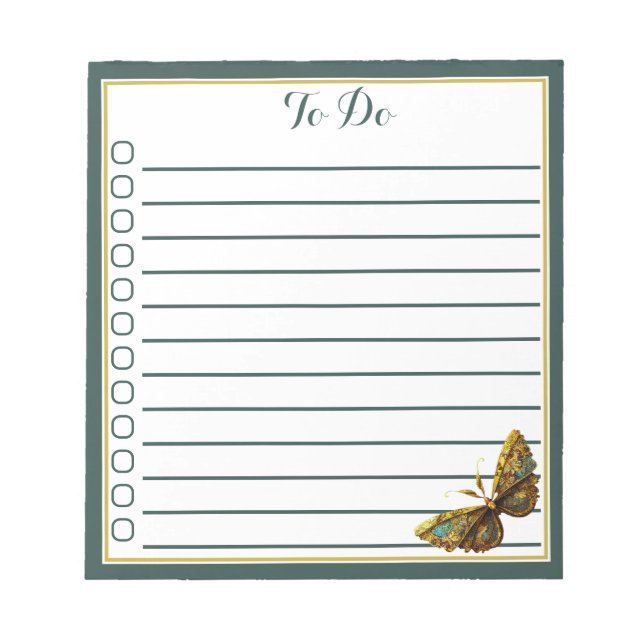 Ornate Guld & Teal Butterfly List Anteckningsblock (Framsida)