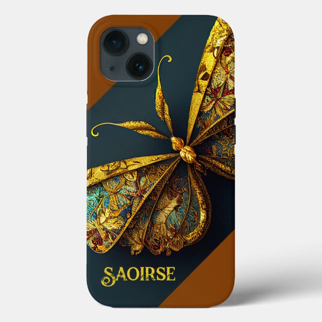 Ornate Guld & Teal Butterfly Telefonväska (Baksida)