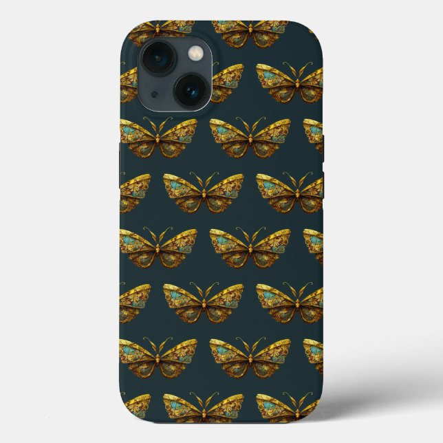 Ornate Guld & Teal Butterfly Telefonväska (Baksida)