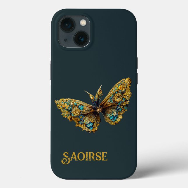 Ornate Guld & Teal Butterfly Telefonväska (Baksida)