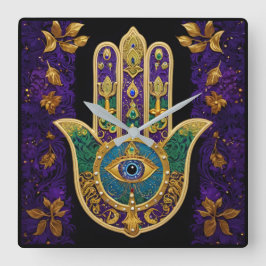 Ornate Guld Tredje Öga Hamsa Fyrkantig Klocka