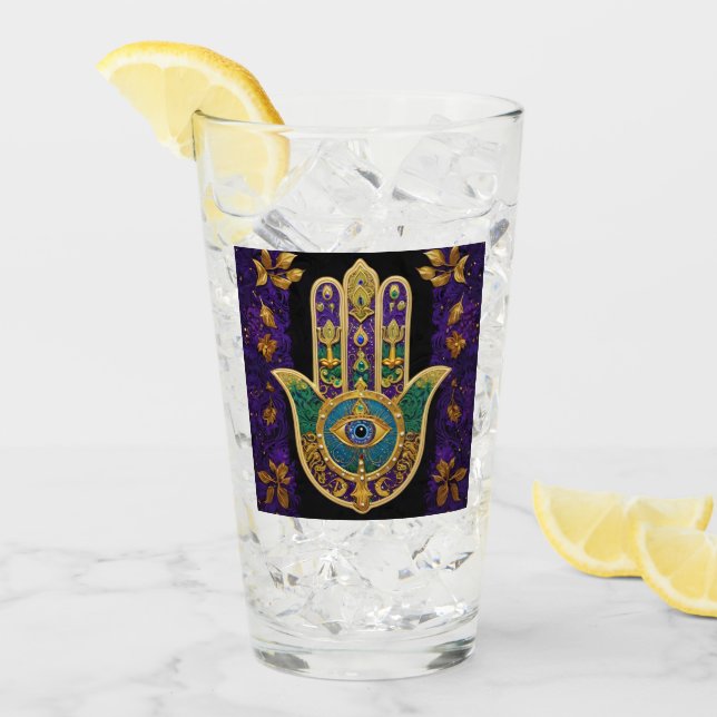 Ornate Guld Tredje Öga Hamsa Glaskopp (Framsida Ice)