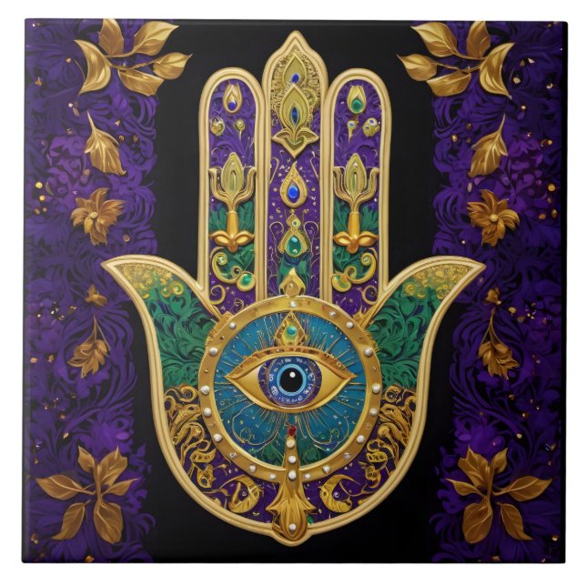Ornate Guld Tredje Öga Hamsa Kakelplatta (Framsidan)