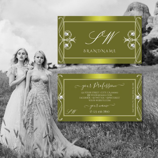 Ornate Gult Olive Sparkling Diamonds Initialer Visitkort (Skapare uppladdad)