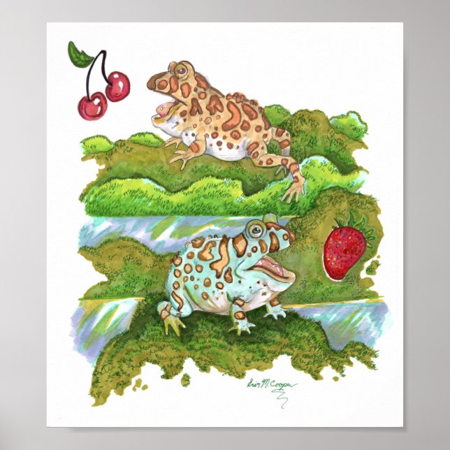 Ornate Horned Frogs Chasing Fruit Poster (Framsidan)