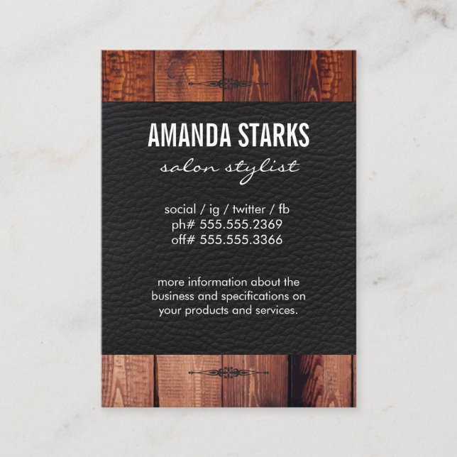 Ornate Inslag Wood Grain Leather Visitkort (Framsida)