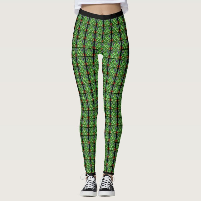 Ornate Irish Celtic Knot Mönster Grönt Gult Leggings (Framsida)