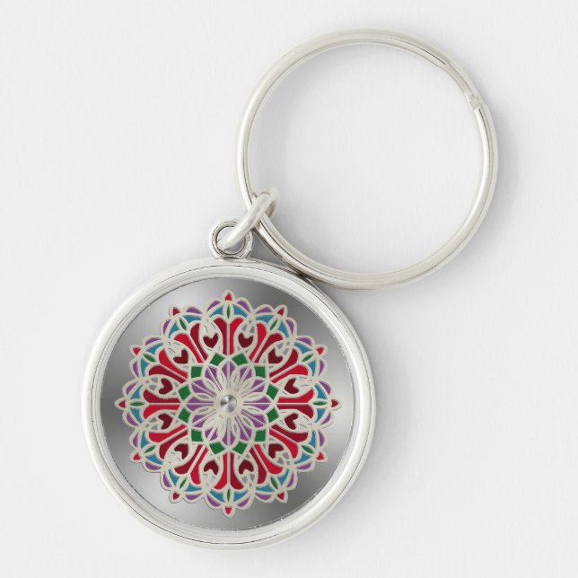 Ornate Jewel Flower Mandala Rund Silverfärgad Nyckelring (Framsidan)