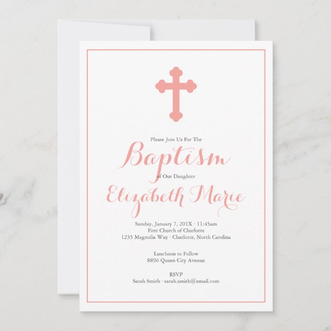 Ornate Kor Rosa Girl Girl Girl Baptism Christening Inbjudningar (Framsida)