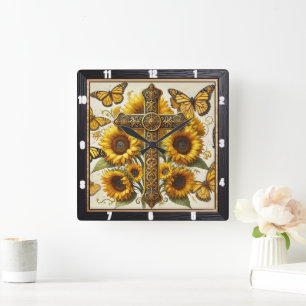 Ornate Kor Sunblommblommor Butterflies Fyrkantig Klocka