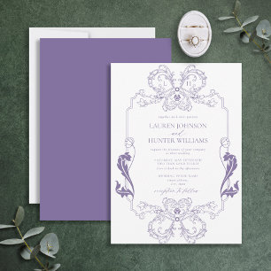 Ornate Lavender Blommigt Line Art Monogram Bröllop Inbjudningar