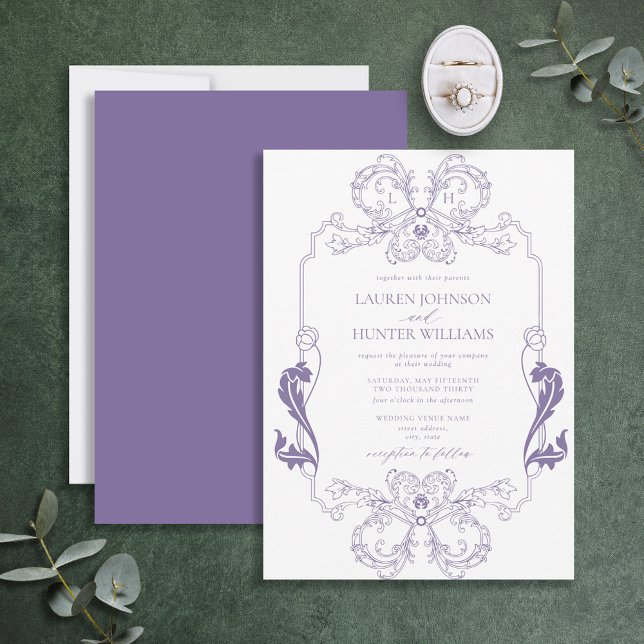 Ornate Lavender Blommigt Line Art Monogram Bröllop Inbjudningar (Skapare uppladdad)