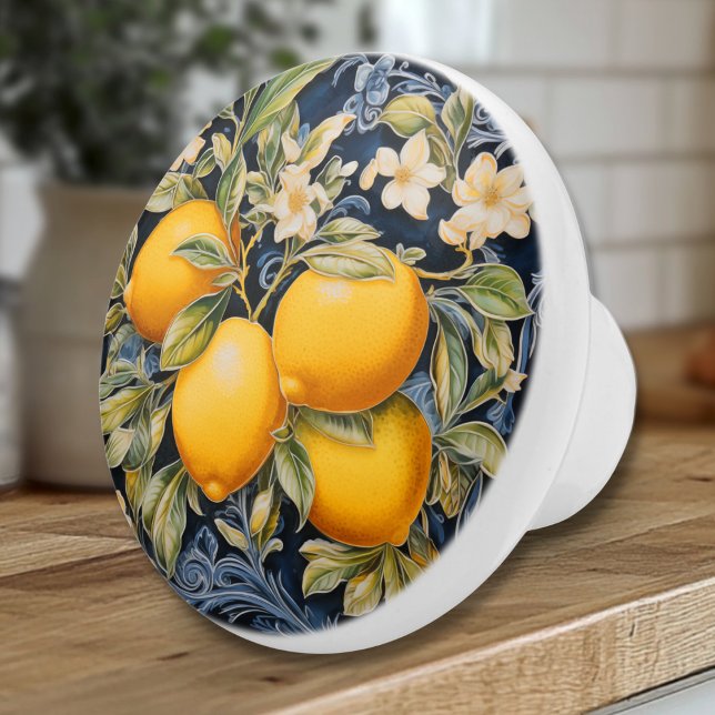Ornate Lemons - marinkeramiskt knopp (Ornate Flourished Lemons and Blossoms Navy Drawer Pull Knob - European Kitchen Decor)
