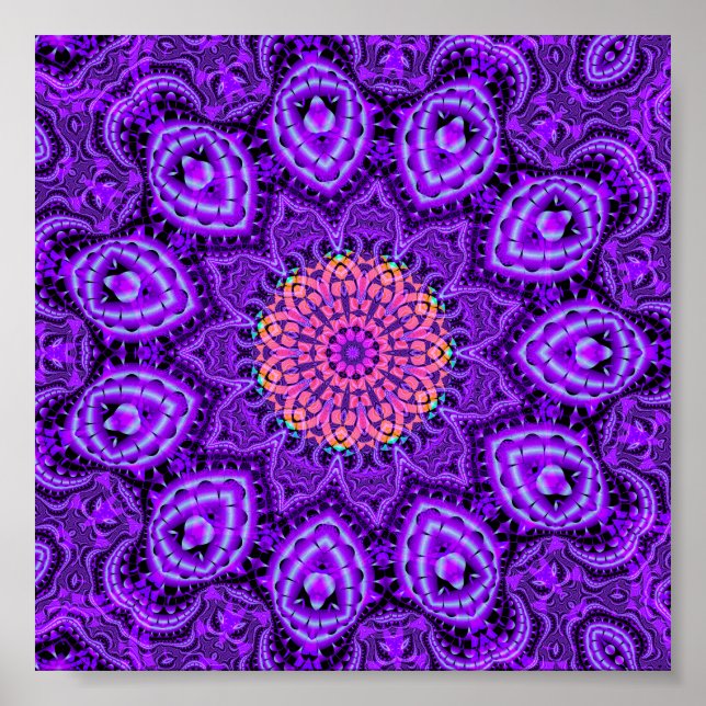 Ornate Lila Flower Vibrations Kaleidoscope Art Poster (Framsidan)