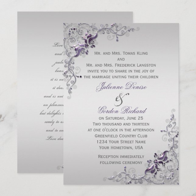 Ornate Lila Silver Blommigt Swirls Bröllop Inbjudningar (Fram/baksida)
