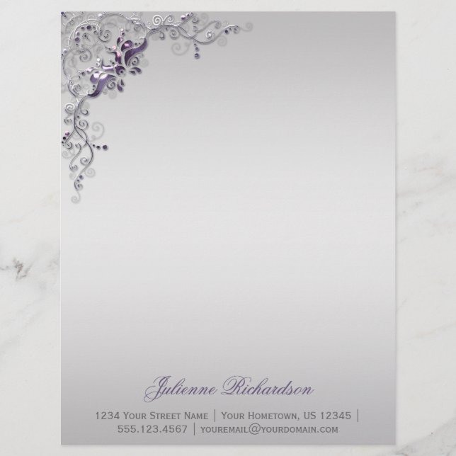 Ornate Lila Silver Blommigt Swirls Letterhead Brevhuvud (Framsida)