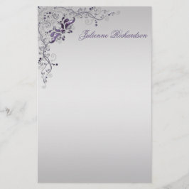 Ornate Lila Silver Blommigt Swirls Stationery Brevpapper