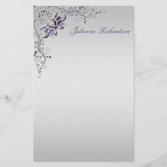 Ornate Lila Silver Blommigt Swirls Stationery Brevpapper (Framsida)