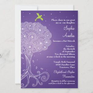 Ornate Livets träd Lila Bat mitzvah Inbjudningar