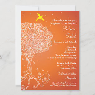 Ornate Livets träd Orange Bat mitzvah Inbjudningar