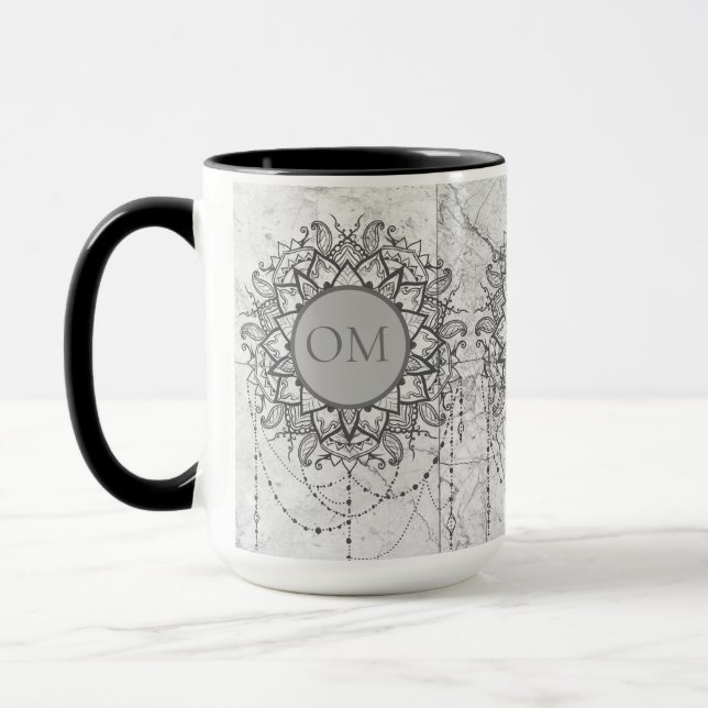 Ornate Lotus OM Mandala på Silver Marble Mugg (Vänster)