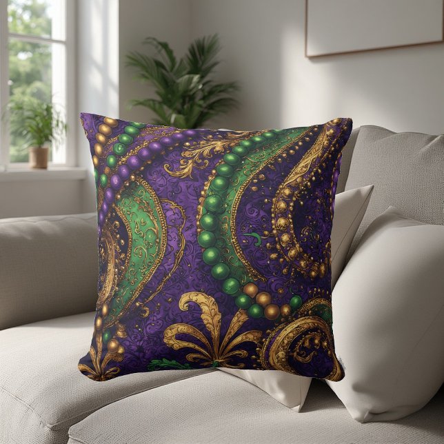 Ornate Masquerade Masks, Gold Beads, Fleur-de-Lis  Kudde (Ornate Masquerade Masks, Gold Beads, Fleur-de-Lis Throw Pillow)