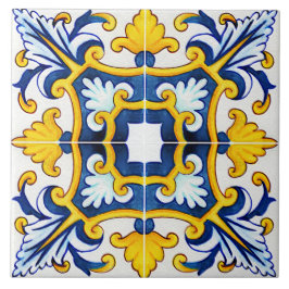 Ornate Mediterranean Blue and Gult Kakelplatta