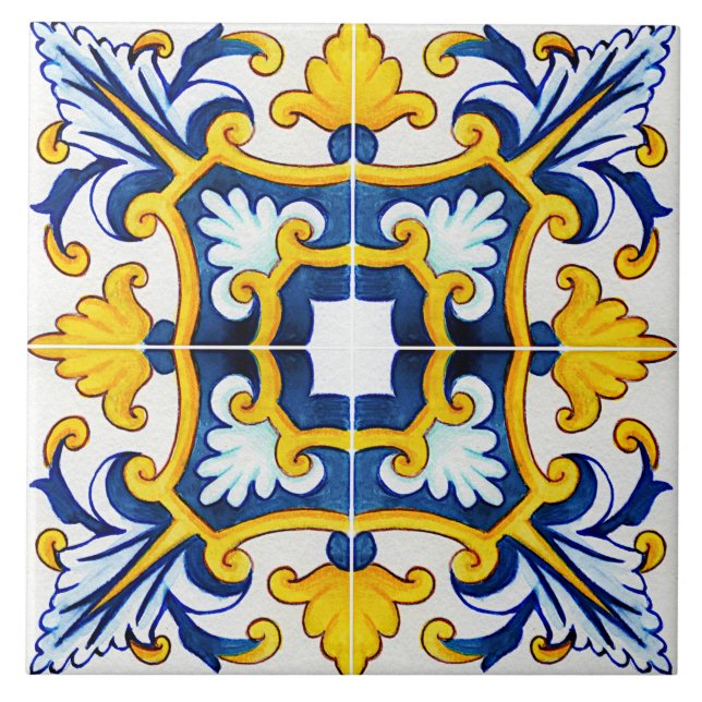 Ornate Mediterranean Blue and Gult Kakelplatta (Framsidan)