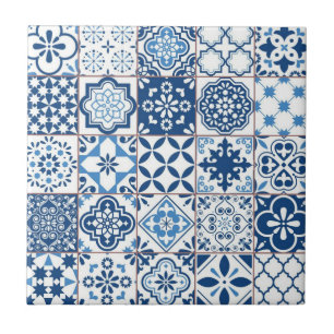 Ornate Mediterranean Indigo Blue Azulejo Mosaic Kakelplatta