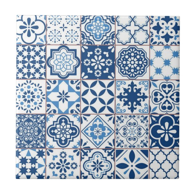Ornate Mediterranean Indigo Blue Azulejo Mosaic Kakelplatta (Framsidan)