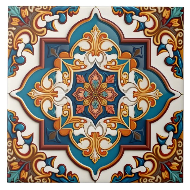 Ornate Mediterranean Teal Blue Brown Kakelplatta (Framsidan)