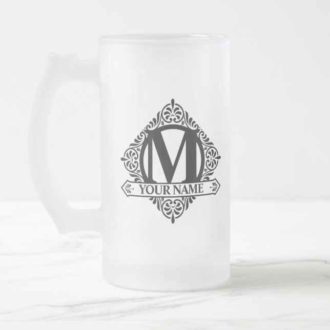 Ornate Monogram design Frostat Glass Beer Mugg (Vänster)