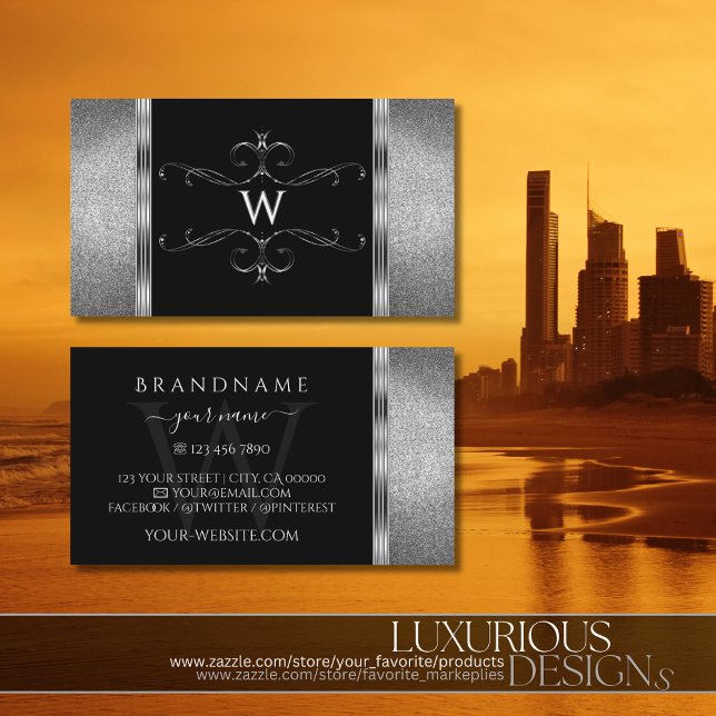 Ornate Monogram för fångst av Svarta Silver Glitte Visitkort (Skapare uppladdad)