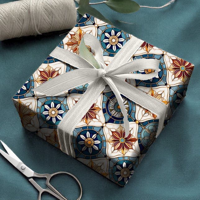 Ornate Moroccan Tile Mönster#3 Blue Guld ID1078 Presentpapper (Skapare uppladdad)