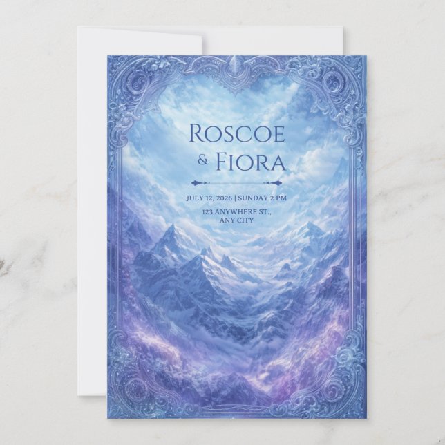 Ornate Mystic Snow Mountain Vista Wedding Inbjudningar (Framsida)