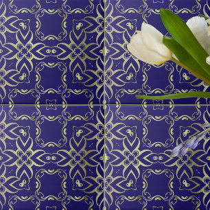 Ornate Navy Blue and Guld Baroque Royal Mönster Kakelplatta