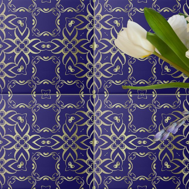 Ornate Navy Blue and Guld Baroque Royal Mönster Kakelplatta (Skapare uppladdad)