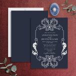 Ornate Navy Blue Blommigt Line Art Monogram Bröllo Inbjudningar<br><div class="desc">Vi presenterar vår vackra mörk ornate navy blue blommigt line art mongram bröllopsinbjudan! Inbjudan är ett jättebra tecken på art nouveau, med sitt ornerade gräns och monogram initialer. Perfekten för att ange tonen för din stora dag är att inbjuda dina gäster. Din bröllopsdag är en av de viktigaste dagarna i...</div>