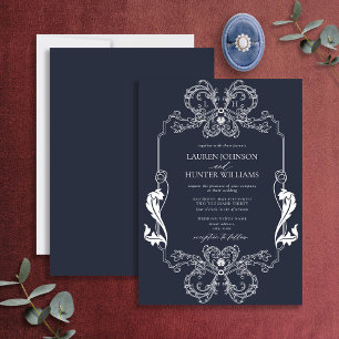 Ornate Navy Blue Blommigt Line Art Monogram Bröllo Inbjudningar