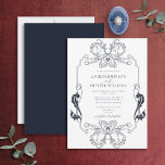 Ornate Navy Blue Blommigt Line Art Monogram Bröllo Inbjudningar<br><div class="desc">Vi presenterar vår vackra ornate Blue blommigt line art mongram bröllopsinbjudan! Inbjudan är ett jättebra tecken på art nouveau, med sitt ornerade gräns och monogram initialer. Perfekten för att ange tonen för din stora dag är att inbjuda dina gäster. Din bröllopsdag är en av de viktigaste dagarna i ditt liv,...</div>