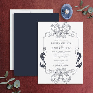 Ornate Navy Blue Blommigt Line Art Monogram Bröllo Inbjudningar