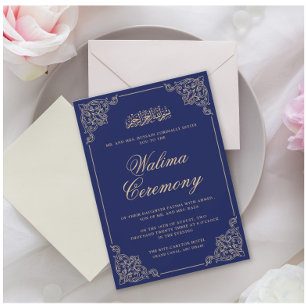 Ornate Navy Blue Walima Islamic Muslim Bröllop Inbjudningar