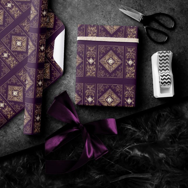 Ornate opulence | Lila och Guld judisk blomma Presentpapper (Skapare uppladdad)