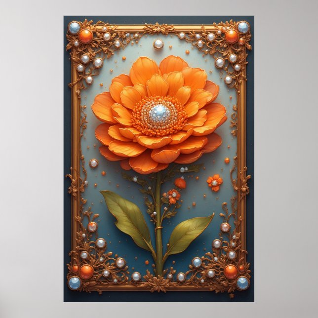 Ornate Orange Flower Artwork in Gold Frame Poster (Framsidan)