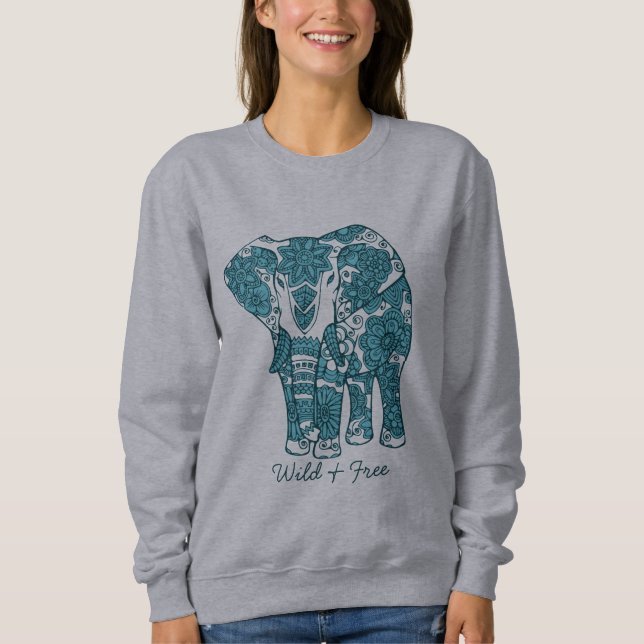 Ornate Patternate Elephant Art Vild and Free T Shirt (Framsida)